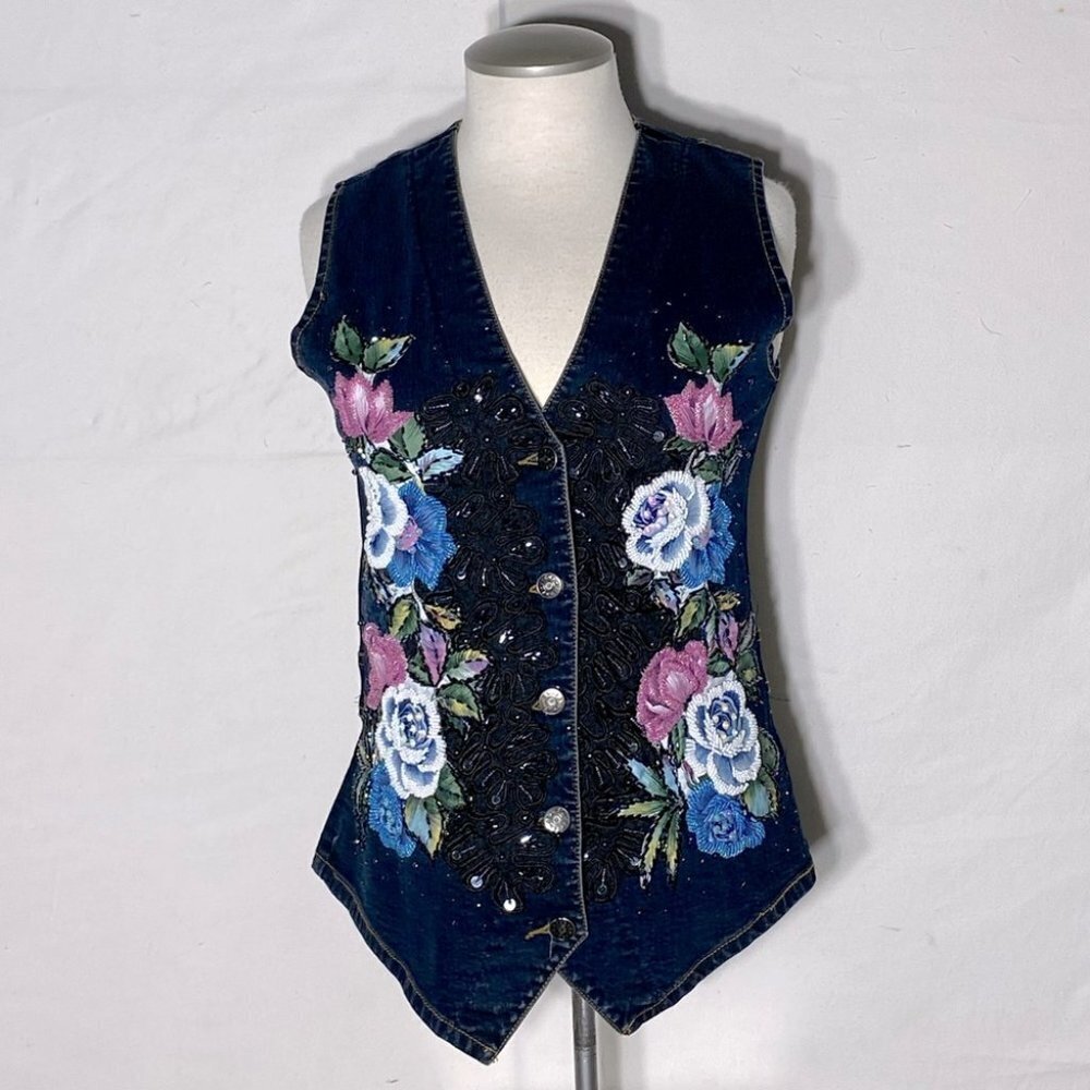 Vintage Jazzino Dark Wash Embroidered Beaded Button Up Denim Vest S Festival